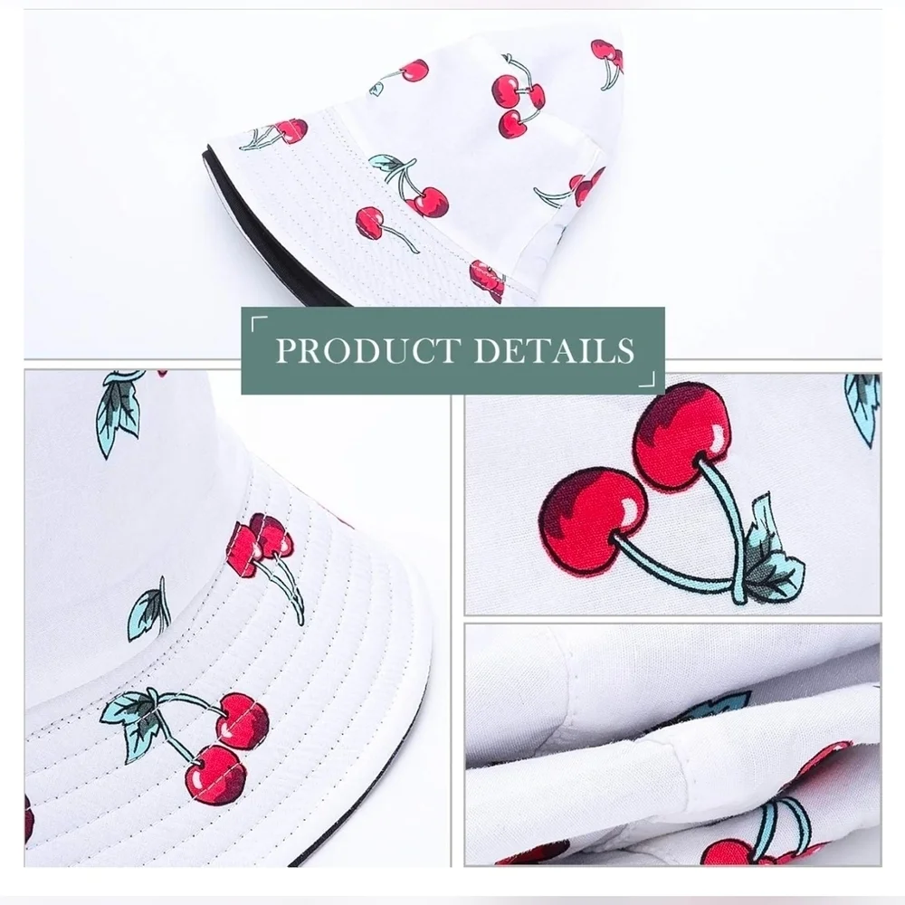 Reversible Cherry Print Bucket Hat, White & Black Cotton, Foldable Fisherman Hat